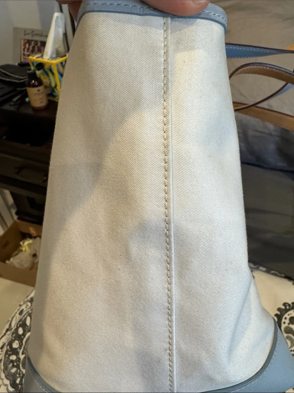 Coach Canvas Tote with Light Blue Trim and Tan Leather Handles